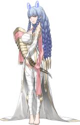  bandaged_arm bandaged_leg bandages barefoot blue_hair braid breasts bright_pupils chest_sarashi cleavage female fire_emblem fire_emblem_heroes full_body heidrun_(fire_emblem) highres holding kozaki_yuusuke long_hair looking_at_viewer official_art pink_eyes sarashi solo standing strapless transparent_background tube_top very_long_hair white_pupils 