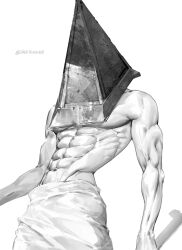  1boy abs apron bare_shoulders cheezeyoon3 commentary cowboy_shot greyscale groin hand_out_of_frame helmet highres holding holding_weapon korean_commentary male_focus monochrome muscular muscular_male pectorals pyramid_head silent_hill_(series) silent_hill_2 solo topless_male twitter_username veins veiny_arms weapon white_apron 