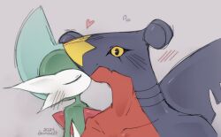  2024 anthro black_sclera blue_body blue_scales bodily_fluids chest_spike closed_eyes collarbone colored deinovolt digital_drawing_(artwork) digital_media_(artwork) duo embarrassed english_description fin gallade garchomp generation_4_pokemon green_body grey_background heart_symbol kissing_cheek love male male/male multicolored_body multicolored_scales nintendo pokemon pokemon_(species) red_body red_scales red_spikes scales signature simple_background spikes spikes_(anatomy) sweat sweatdrop white_body wide_eyed yellow_body yellow_eyes yellow_scales 