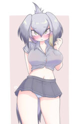  alternate_costume black_skirt blush breast_pocket breasts closed_mouth crop_top female green_eyes grey_hair grey_shirt hair_between_eyes head_wings highres kemono_friends large_breasts looking_at_viewer midriff miniskirt multicolored_hair panties pocket shirt shoebill_(kemono_friends) short_sleeves simple_background skirt solo tail uho_(uhoyoshi-o) underwear white_panties wings 