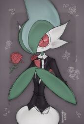  2024 anthro biped black_clothing black_suit blue_body bottomless chains clothed clothing colored deinovolt digital_drawing_(artwork) digital_media_(artwork) english_description flower gallade generation_4_pokemon green_body half-length_portrait heart_symbol hi_res line_art male mouthless multicolored_body necktie nintendo plant pokemon pokemon_(species) portrait pupils red_eyes red_spikes rose_(flower) signature slit_pupils solo spikes spikes_(anatomy) standing suit white_body 