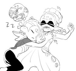  2girls dede_(qwea_00000) earrings frye_(splatoon) golden_egg_(splatoon) grabbing_another&#039;s_breast groping harem_pants inkling jewelry multiple_earrings multiple_girls octoling pants poncho salmon_run_(splatoon) shiver_(splatoon) sleeping sleeping_on_person splatoon_(series) splatoon_3 tentacle_hair tooth_earrings yuri 