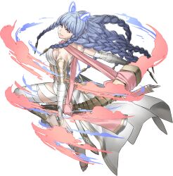  bandaged_arm bandaged_leg bandages bare_shoulders barefoot blue_hair braid breasts bright_pupils chest_sarashi female fire_emblem fire_emblem_heroes heidrun_(fire_emblem) highres holding kozaki_yuusuke large_breasts long_hair looking_at_viewer official_art pink_eyes sarashi skirt smile solo strapless transparent_background tube_top very_long_hair white_pupils white_skirt 