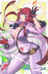  ankh belt black_gloves bodysuit breasts cleavage female gloves green_eyes guilty_gear guilty_gear_strive hair_between_eyes halo highres jack-o&#039;_valentine large_breasts long_hair looking_at_viewer multicolored_hair radiostarkiller red_hair solo spiked_halo two-tone_hair white_bodysuit white_hair 