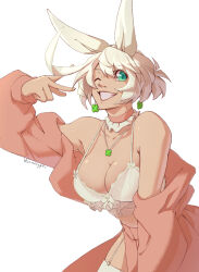  ahoge blizzardingpike bow bra breasts cleavage clover collar elphelt_valentine female four-leaf_clover four-leaf_clover_necklace garter_belt green_eyes guilty_gear guilty_gear_xrd hairband hairbow highres large_breasts lingerie looking_at_viewer open_mouth pink_robe robe short_hair simple_background smile solo underwear v white_background white_bra white_garter_belt white_hair 