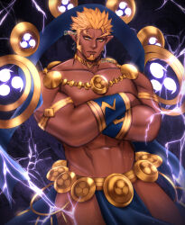  1boy abs armband artist_name bara beard belt blonde_hair collar crossed_arms dark_skin facial_hair floating floating_object gauntlets gyee highres loincloth looking_at_viewer male_focus manly mature_male metal_belt metal_collar mitsu_qo muscular muscular_male paradiso_guardian pectorals pointy_ears purple_background raikoh_(paradiso_guardian) signature simple_background solo spiked_hair thick_arms thick_eyebrows thick_thighs thighs thunder yellow_eyes 