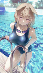  alternate_costume blue_one-piece_swimsuit blurry blurry_background breasts cleavage collarbone commentary_request day female goggles goggles_around_neck grin hair_between_eyes highres in_water large_breasts light_brown_hair lips looking_at_viewer medium_hair old_school_swimsuit one-piece_swimsuit outdoors pink_eyes pink_nails pointy_hair pool pool_ladder poolside school_swimsuit smile solo swimsuit syuri22 touhou toyosatomimi_no_miko water wet wet_hair 