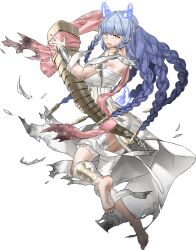  bandaged_leg bandages bare_shoulders barefoot blue_hair braid breasts bright_pupils chest_sarashi dirty dirty_face female fire_emblem fire_emblem_heroes heidrun_(fire_emblem) highres holding kozaki_yuusuke large_breasts long_hair looking_at_viewer official_art one_eye_closed pink_eyes sarashi skirt solo strapless transparent_background tube_top very_long_hair white_pupils white_skirt 