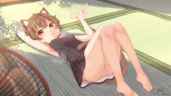  afterimage animal_ears annin_miru black_dress blonde_hair brown_hair cat_ears cat_girl cat_tail dress electric_fan female hot indie_virtual_youtuber lying maka_neko multicolored_hair on_back orange_eyes panties pantyshot plaid_clothes plaid_dress short_dress short_hair sleeveless sleeveless_dress streaked_hair tail tatami underwear virtual_youtuber white_panties 