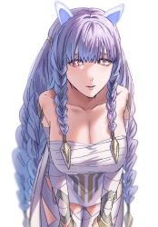  bandaged_arm bandages bare_shoulders braid breasts bright_pupils chest_sarashi cleavage commentary cowboy_shot female fire_emblem fire_emblem_heroes heidrun_(fire_emblem) highres large_breasts leaning_forward long_hair looking_at_viewer parted_lips pink_eyes purple_hair sarashi simple_background smile solo standing strapless tomo_shirasu tube_top twin_braids very_long_hair white_background white_pupils 