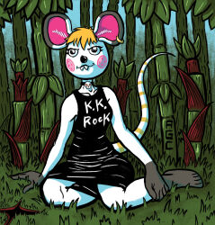  2020 5_fingers 5_toes adriangcornejo animal_crossing anthro bamboo bangs barefoot bella_(animal_crossing) black_clothing black_collar black_dress black_nose blonde_hair blue_sky breasts buckteeth cheek_spots closed_smile clothing collar collarbone colored day digital_drawing_(artwork) digital_media_(artwork) dress ear_piercing ear_ring english_text eyelashes feet female fingers fur gold_ear_ring grass grey_ear_tips hair hi_res leaf long_tail mammal markings mouse mouth_closed murid murine nintendo outside piercing pink_inner_ear plant ring_piercing rodent shaded short_hair signature sitting skull_collar sky smile solo striped_markings striped_tail stripes tail tail_markings teeth text text_on_clothing toes white_body white_fur white_tail world_goth_day yellow_stripes 