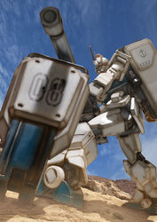  3d backpack bag bullet_hole cannon commentary_request dust from_below gundam gundam_08th_ms_team gundam_ez8 mecha no_humans photoshop_(medium) robographer robot shield solo 