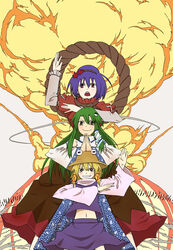  3girls blonde_hair brown_eyes commentary_request explosion frog green_hair hair_ornament hat highres karu_(ishiken) kochiya_sanae moriya_suwako multiple_girls navel purple_hair rope snake touhou yasaka_kanako yellow_eyes 