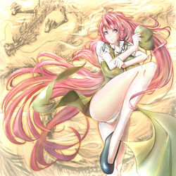  braid breasts commentary_request dragon eastern_dragon female hair_ribbon hat highres holding holding_clothes holding_hat hong_meiling large_breasts leg_lift legs long_hair matsukaze881 panties photoshop_(medium) pink_hair ribbon solo touhou underwear unworn_hat unworn_headwear very_long_hair 