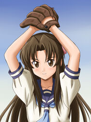  baseball_mitt brown_eyes brown_hair commentary_request female lielos long_hair ogasawara_akiko pitching school_uniform serafuku solo taishou_yakyuu_musume 