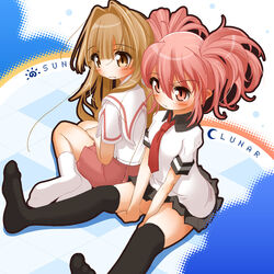  2girls ao_yasai brown_eyes brown_hair commentary_request edomae_lunar feet foreshortening long_hair multiple_girls pink_eyes pink_hair school_uniform seto_no_hanayome seto_sun thighhighs twintails 