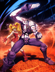  1boy albino bald blonde_hair boots commentary couple earrings effie_(street_fighter) english_commentary female fighting_stance genzoman height_difference jewelry muscular necro_(street_fighter) photoshop_(medium) straight street_fighter street_fighter_iii_(series) tattoo twintails wide_hips 