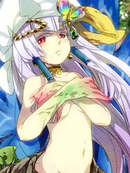  bad_id bad_pixiv_id choker earrings female fins gutrune hair_ornament hat jewelry long_hair purple_hair red_eyes sekaiju_no_meikyuu sekaiju_no_meikyuu_3 solo tears topless wantan_meo 