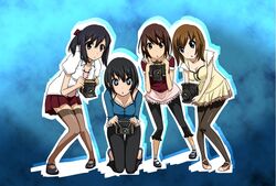  4girls :o amakura_mio black_hair blush brown_hair camera capri_pants commentary_request denim fatal_frame fatal_frame_2 fatal_frame_3 fatal_frame_4 hinasaki_miku jeans k-on! kurosawa_rei legs long_hair minazuki_ruka mole mole_under_eye multiple_girls pants pantyhose parody sakebuotoko short_hair skirt style_parody thighhighs 