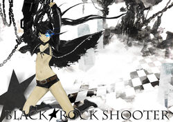  absurdres arms_up belt bikini bikini_top_only black_hair black_rock_shooter black_rock_shooter_(character) black_shorts blue_eyes boots breasts chains checkered_floor cleavage commentary_request female flaming_eye front-tie_top highres jacket kiyohisa kneeling long_hair navel no_shirt perspective photoshop_(medium) scar short_shorts shorts small_breasts solo star_(symbol) stitches swimsuit twintails vanishing_point weapon 