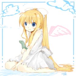  air_(visual_novel) barefoot black_sclera blonde_hair blue_eyes colored_sclera commentary_request dinosaur dress female full_body highres kamio_misuzu long_hair natsu_(norari_kurari) ponytail sauropod sitting sketch smile solo stuffed_animal stuffed_toy sundress transparent_background very_long_hair wariza wings 