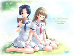  2girls amesarasa barefoot blue_hair blunt_bangs book brown_hair closed_eyes dress enmachi_kiri fujinomori_hanaka glasses grass highres kanekiyo_miwa multiple_girls purple_eyes reading sailor_dress school_uniform serafuku sitting tree_shade 