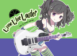  :q bad_id black_hair breasts cleavage electric_guitar female guitar ibanez instrument medium_breasts original photoshop_(medium) purple_eyes solo striped_clothes striped_thighhighs thighhighs tiv tongue tongue_out whammy_bar 