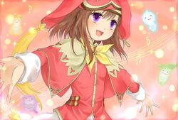  bad_id bad_pixiv_id brown_hair candy_(rune_factory) cape dress female hat highres musical_note okitsune_(okitsune-sama) purple_eyes rune_factory rune_factory_frontier runey smile solo 