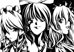  3girls bad_id bad_pixiv_id bow braid cut-in greyscale hairbow hakurei_reimu headdress high_contrast izayoi_sakuya katoryu_gotoku kirisame_marisa monochrome multiple_girls one_eye_closed photoshop_(medium) touhou twin_braids 