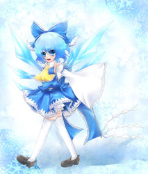  bad_id bad_pixiv_id blue_eyes blue_hair blue_theme bow cirno cosplay detached_sleeves female gohei hairbow hakurei_reimu hakurei_reimu_(cosplay) oonusa socks solo thighhighs tomcho touhou wings 