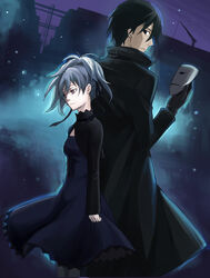  1boy back-to-back bad_id bad_pixiv_id black_eyes black_hair coat darker_than_black dress female gloves grey_hair hair_ribbon hei_(darker_than_black) looking_back mask photoshop_(medium) purple_eyes ribbon wooga yin_(darker_than_black) 