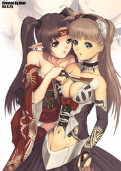  2girls aner_(qqan00) bad_id bad_pixiv_id bare_shoulders blue_eyes breasts bridal_gauntlets brown_eyes brown_hair cleavage collarbone elf folded_fan folding_fan groin hairband hand_fan highres japanese_clothes medium_breasts midriff multiple_girls navel original photoshop_(medium) pointy_ears twintails zoom_layer 