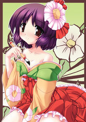  bare_shoulders blush calligraphy_brush commentary_request female flower gonzaburo green_kimono hair_flower hair_ornament hieda_no_akyuu japanese_clothes kimono off_shoulder paintbrush photoshop_(medium) purple_hair red_eyes short_hair solo touhou 