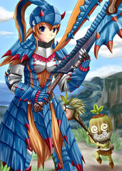  aikawa_fuugetsu armor axe blue_eyes cha-cha commentary_request female full_armor lagiacrus_(armor) mask monster_hunter_(character) monster_hunter_(series) monster_hunter_3 red_hair staff switch_axe weapon 