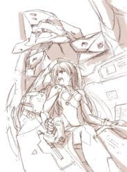  cockpit commentary_request entry_plug eva_02 female halhal highres mecha monochrome neon_genesis_evangelion open_mouth plugsuit robot sketch solo souryuu_asuka_langley 