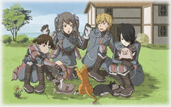  1boy 3girls aisha_neumann animal animal_hug bad_id bad_pixiv_id blonde_hair blue_eyes brown_eyes brown_hair edy_nelson feline flower grey_hair hair_over_one_eye hans_(senjou_no_valkyria) homer_peron marina_wulfstan military military_uniform multiple_girls photoshop_(medium) pig senjou_no_valkyria_(series) senjou_no_valkyria_1 sweatdrop twintails uniform vinhnyu 