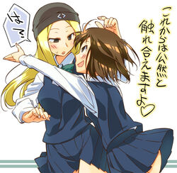  2girls blonde_hair breasts brown_hair chikuma_school_uniform commentary_request kamigaki_megumi long_hair medium_breasts multiple_girls munesue_hitomi pleated_skirt saki_(manga) school_uniform short_hair skirt translated tsuchinoko_(muni_muni) yuri 