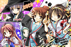  5girls armband asahina_mikuru bad_id bad_pixiv_id blue_sailor_collar brown_eyes brown_hair cardigan eno1945 feline genderswap_(mtf) kita_high_school_uniform kyonko long_hair multiple_girls nagato_yuki photoshop_(medium) ponytail rule_63 sailor_collar school_uniform serafuku shamisen_(suzumiya_haruhi) summer_uniform suzumiya_haruhi suzumiya_haruhi_no_yuuutsu tsuruya winter_uniform 