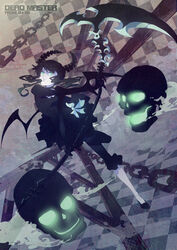  black_dress black_hair black_rock_shooter chains commentary_request curly_hair dead_master dress female green_eyes highres horns jo_(artist) long_hair photoshop_(medium) scythe skull solo wings 