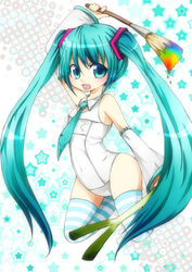  aqua_eyes aqua_hair art_brush commentary_request detached_sleeves female hatsune_miku hatsune_miku_no_bousou_(vocaloid) homi28 kneeling long_hair name_tag necktie one-piece_swimsuit open_mouth paintbrush rainbow school_swimsuit solo spring_onion star_(symbol) striped_clothes striped_thighhighs swimsuit thighhighs twintails very_long_hair vocaloid white_one-piece_swimsuit 