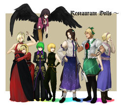  4girls 5boys adelheid_bernstein alice_margatroid alternate_hairstyle androgynous arm_cannon ash_crimson beato2528 blonde_hair blue_eyes blush braid brown_hair commentary_request cosplay costume_switch crossdressing duo_lon freckles green_hair highres kochiya_sanae m.u.g.e.n multiple_boys multiple_girls muscular otoko_no_ko reiuji_utsuho rose_bernstein shen_woo the_king_of_fighters touhou weapon wings 