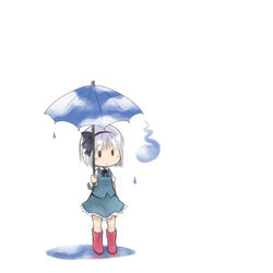  :&lt; boots bow chibi commentary_request female hairbow konpaku_youmu konpaku_youmu_(ghost) myonde puddle rubber_boots sky_print solo touhou umbrella water_drop white_hair 