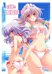  2girls ass bat_wings bikini blue_hair braid breasts cleavage commentary_request food front-tie_top izayoi_sakuya looking_back maid_headdress medium_breasts mouth_hold multiple_girls navel popsicle red_eyes remilia_scarlet short_hair side-tie_bikini_bottom swimsuit touhou twin_braids watermelon_bar white_hair wings yume_keikaku 