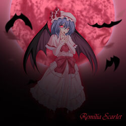  amicis bat_(animal) bat_wings blood blue_hair commentary_request female full_moon hat highres moon red_eyes red_moon remilia_scarlet solo touhou wings 