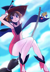  bad_id bad_pixiv_id blue_eyes broom brown_hair cloud day female gloves hat mahou_tsukai_tai! pama pantyhose pink_pantyhose sawanoguchi_sae sky solo witch witch_hat 