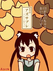  ad animal_ears black_hair brand_name_imitation brown_eyes casual cat_ears commentary_request cookie female food hizaki_ryuuta k-on! long_hair nakano_azusa open_mouth solo translated twintails 