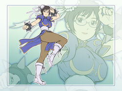  ass black_eyes black_hair boots bracelet bun_cover china_dress chinese_clothes chun-li chun-li_(cosplay) commentary_request cosplay double_bun dress female foobolt glasses hair_bun holon jewelry legs pantyhose pelvic_curtain photoshop_(medium) real_drive sash solo spiked_bracelet spikes street_fighter zoom_layer 