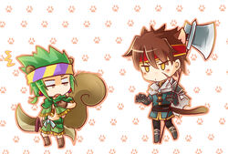  2boys ^^^ animal_ears axe belt brown_hair cape carine cat_ears cat_tail chibi commentary_request d: earrings elk_(ys) geis_(ys) gloves green_hair halberd headband jacket jewelry multiple_boys necklace open_mouth photoshop_(medium) polearm poncho ponytail simple_background squirrel_ears squirrel_tail stalking surprised sword tail topless_male weapon yellow_eyes ys ys_seven 