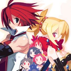  2boys 4girls adell_(disgaea) blonde_hair bow breasts disgaea etna_(disgaea) hanako_(disgaea) harada_takehito lolicon makai_senki_disgaea_2 medium_breasts multiple_boys multiple_girls necktie official_art open_mouth pointy_ears prinny red_eyes red_hair rozalin scar sweat taro_(disgaea) yellow_bow yukimaru_(disgaea) 