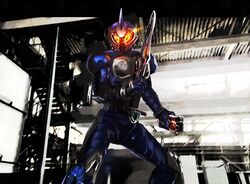  1boy ashi_ura commentary_request glowing glowing_eyes kamen_rider kamen_rider_accel kamen_rider_w male_focus solo sword weapon 